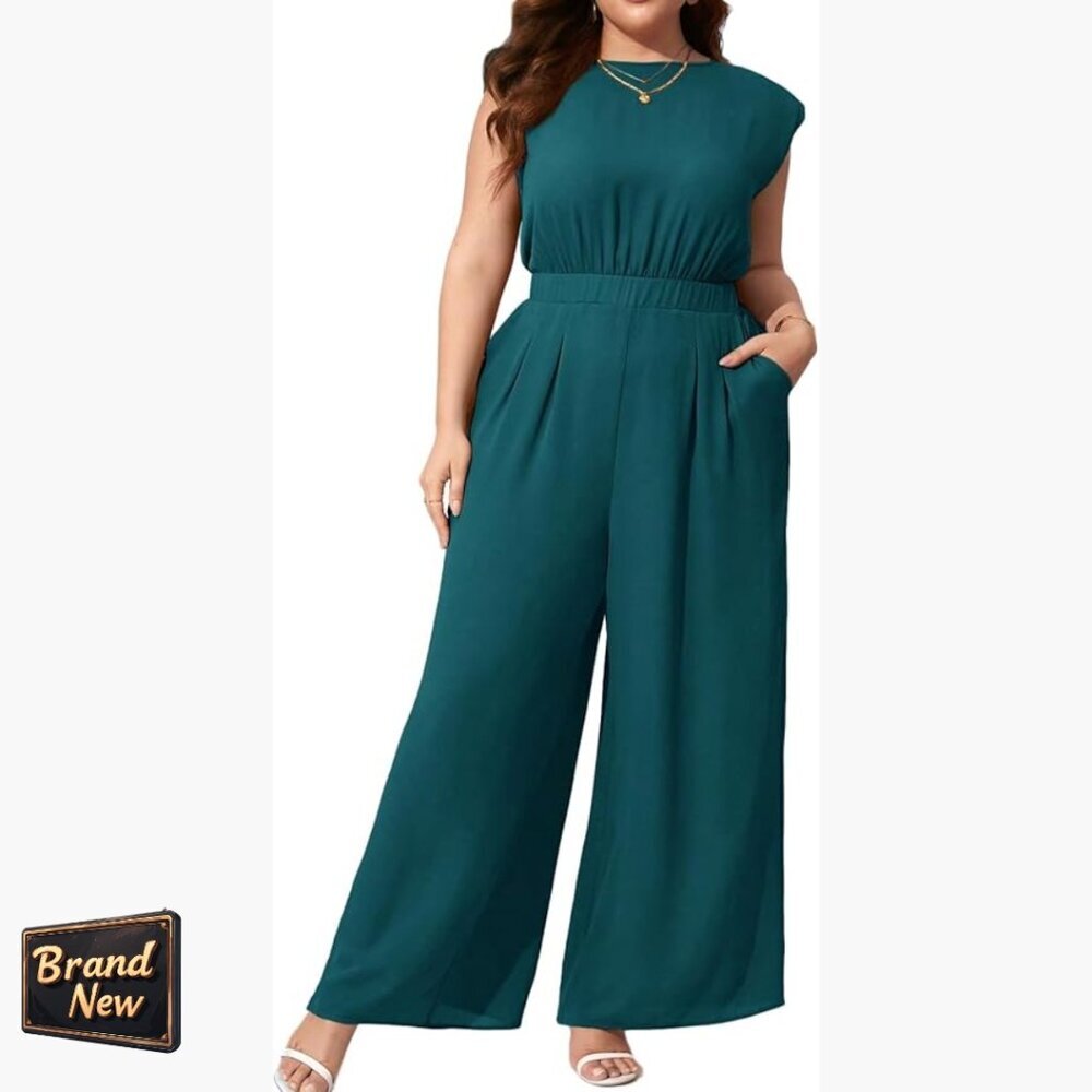 Plus Size Jumpsuit Wide Leg Pants Shoulder Padded Sleeveless Pockets